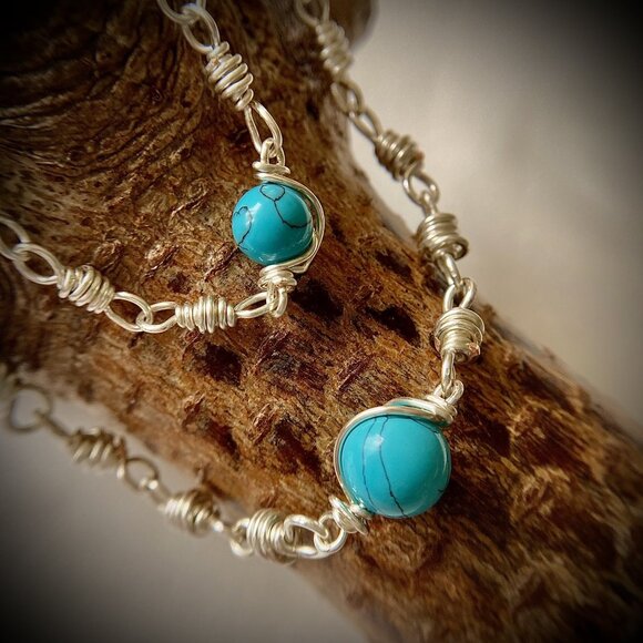 Silver Tone Long-Distance Relationship Bracelets, Turquoise gemstone set of two - Picture 3 of 16